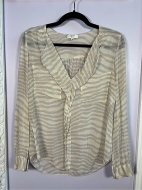 Babaton Aritzia Beige and Cream Zebra-Print 100% Silk V-Neck Blouse Size Small